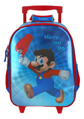 Mochila Ruedas Chenson Niño Mario Bros Preescolar Kinder Carro De Fabrica Reforzado Mb65679-9 Coleccion Flashy Color Azul