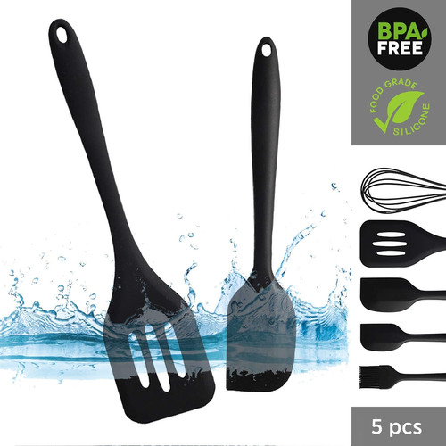 Juego De Utensilios De Silicona Negro, Resistentes Al Calor