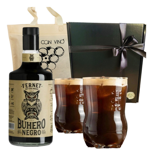 Box Fernet Buhero Negro + 2 Vasos Ferchetto Regalo Estuche