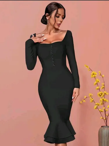 Vestido Bandage Negro Manga Larga Botones Sexy Elegante Casu