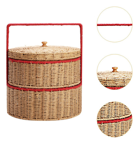 Canasta Tejida A Mano Con Mango Cesta De Picnic Doble Capa