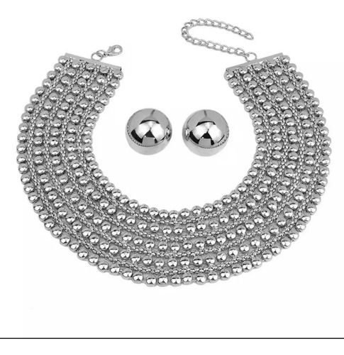 Imagen 2 de 9 de Set Collar Africano Con Aros Botón Tuerca. Acero Inoxidable