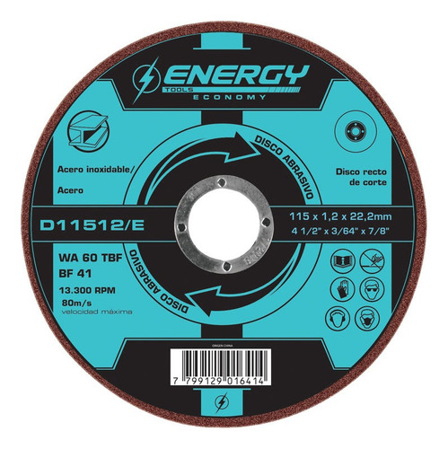 Disco Corte 4-1/2 X1.2x22.2mm Metal Acero Inox Energy 100pcs Color Azul Acero