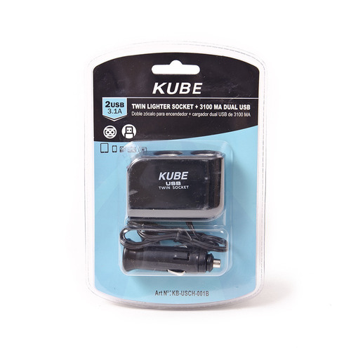 Alargue Con 2 Usb + 2 Encendedor  Negro Kube Kbusch001b