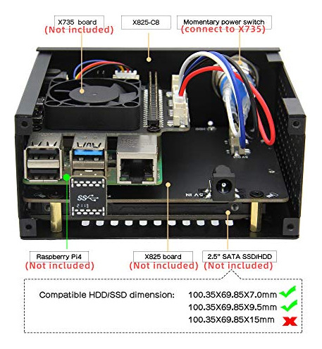 Geekworm Para Raspberry Pi 4, X825 V2.0 Sata Hdd/ssd De 2,5