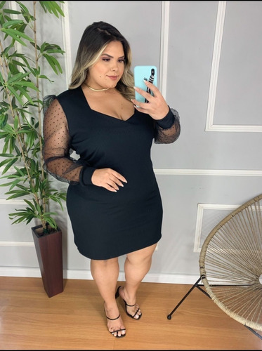 Imagem 4 de 4 de Vestido Preto Plus Size Malha Canelada Manga Poá 46 Ao 54