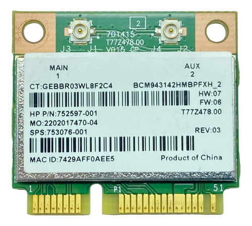 Pci Wireless Bluetooth Notebook Hp Bcm943142hm 752597-001