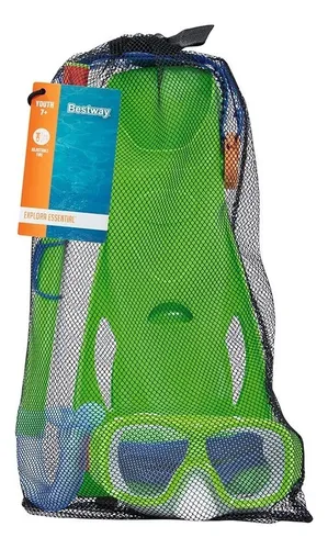 Juego De Snorkel Buceo Infantil 7 Años Gafas Tubo Y Aletas Color Verde