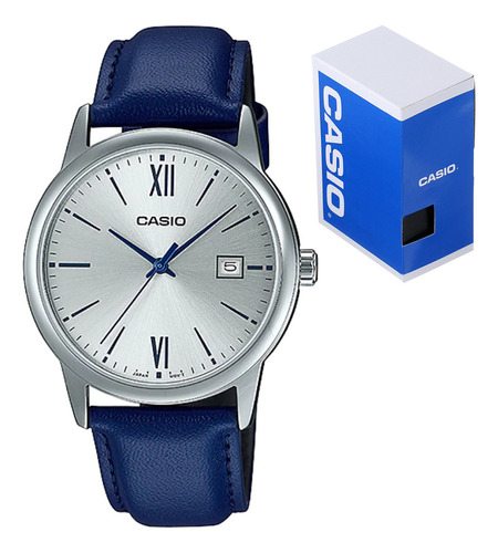 Reloj Casio Caballero Mtp V002l 2b3 Cuero Azul Fechador
