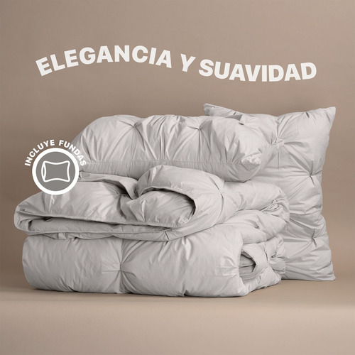 Edredón Puff Queen Size 100% Algodón + Fundas Esquimal Crudo Liso