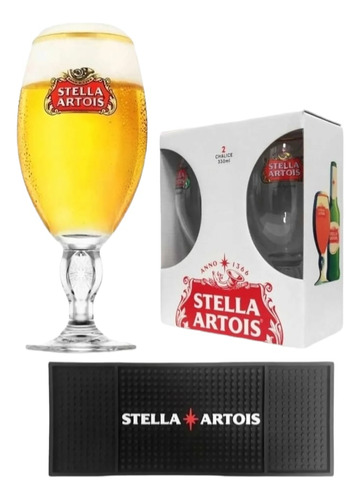 Caja 2 Copas Cerveza Stella Artois + Bar Mat Original Barman