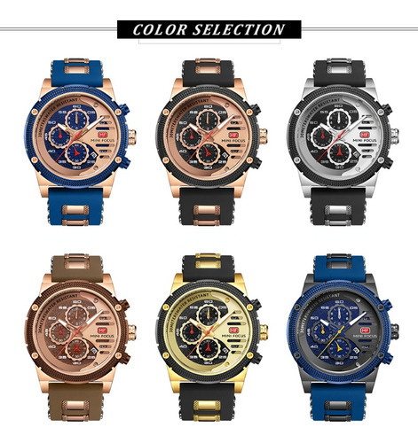 Relógios de quartzo esportivos Mini Focus Chronograph para homens, cor de fundo: dourado/preto