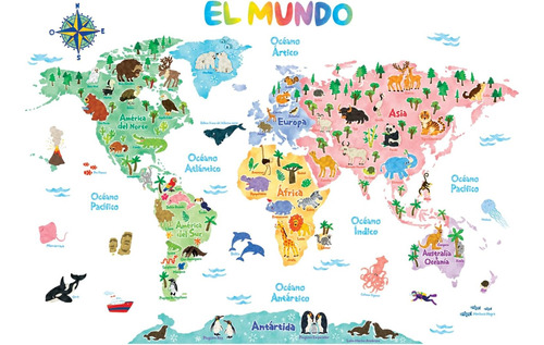 Vinilo Decoración Infantil Pieza Niños - Mapa Mundo Animales