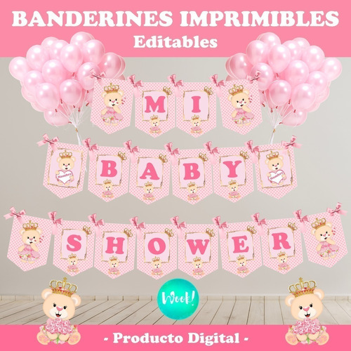 Kit Imprimible Banderines Mi Baby Shower Osita Princesa