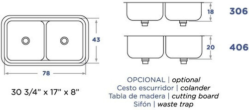 Imagen 2 de 4 de Bacha Acero Inoxidable Mi Pileta 406e Encastrable Doble Lujo Ahora 12 Y 18