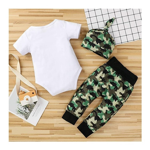 Conjunto De 3 Piezas De Ropa Para Bebé Con Estampado + Gorro