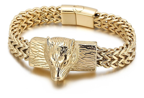 Pulsera Lobo Para Hombre De Acero Inoxidable Dorado Moda