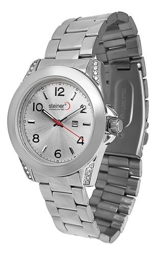 Reloj Para Dama Steiner Con Fechador Extensible Acero Inox Correa Plateado Bisel Plateado Fondo Plateado