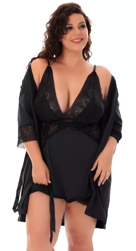 Kit Baby Doll Robe Plus Size Microfibra Renda Moda Feminina