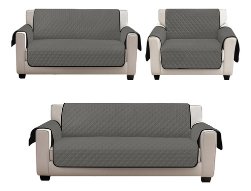 Protector Cubre Sala Doble Vista Lavable En Casa -3 Piezas- Color Negro - Gris Lisa