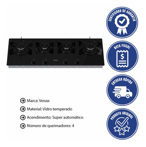 Cooktop Venax Linear Arena 4 Bocas De Embutir A Gás Bivolt