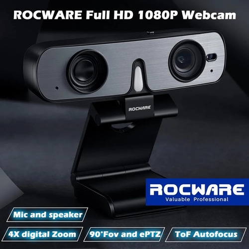 Rocware Rc08 cámara USB 2k 1080p, webcam con parlante y micrófonos, modos horizontal y vertical, autofoco con sensor ToF, alta calidad, 90° H-FoV, ideal conferencias y streaming