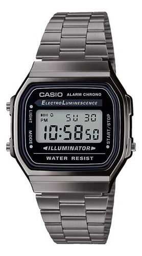 Reloj pulsera digital Casio A-168 con correa de acero inoxidable color plateado - fondo gris/negro