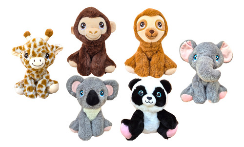 6 Peluches De Animales Selva Jirafa Elefante Mono Colección Animales