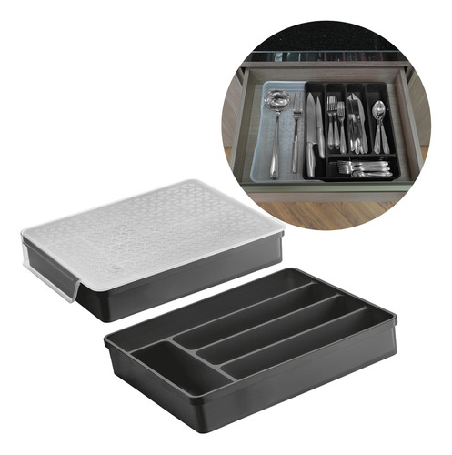 Organizador Gaveta Porta Talheres Cozinha Tampa Extensível Cor Preto