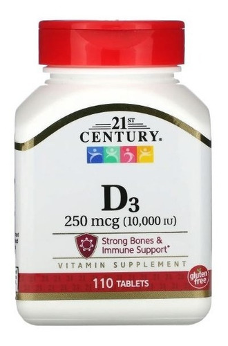 Vitamina D3 Premium 250 Mcg 10,000iu 110 Tabletas 21 Century Sabor Neutro