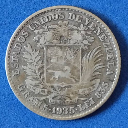 Moneda De 1 Bs De 1935, Plata 5 Gr.