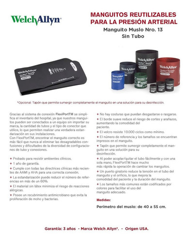 Imagen 5 de 10 de Manguito Muslo Nro. 13 Reutilizables Sin Tubo Welch Allyn