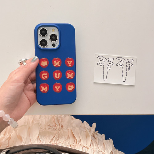 Funda De Teléfono Coreana Ins Klein Azul Con Estampado De Oso De Manzana, Encantadora Y Moderna Para iPhone 16, 15, 14, 13 Pro Max, Funda Trasera C