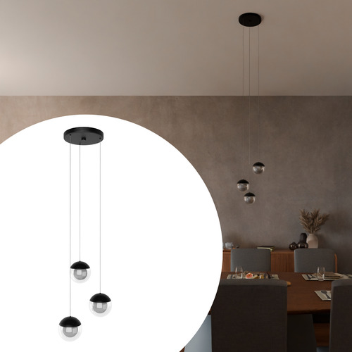 Pendente Lustre Triplo Jabuticaba Globo Vidro Especial G9 Estrutura Preto Fosco Globo Transparente 127/220v