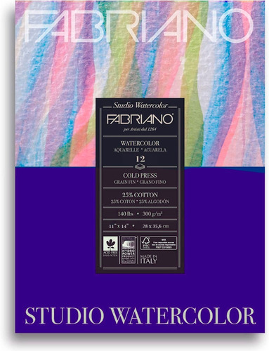 Fabriano Watercolor Studio 300gr 11x14 12 Hojas 25% Algodón