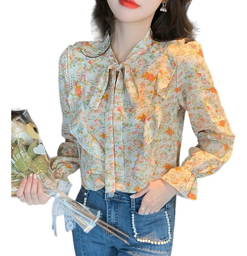 Camisa Floral Chiffon Slim Floral Manga Larga Lazo Mujer
