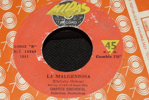 Cuarteto Continental La Malgeniosa Cumbia 45 Rpm