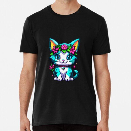 Remera Pixel Art Gato Con Corona De Flores Algodon Premium