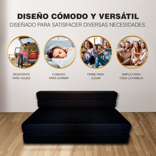 Imagen 6 de 10 de Sofá Cama Matrimonial Plegable, Colchoneta Con Soporte Firmé Color Negro