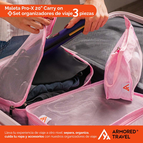 Maleta De Mano Carry-on 20 Cabina 10 Kg Pro-x Negro Dark Aleación Policarbonato Cierre Expandible Impresión Dual Candado Alta Seguridad Tsa Lock Con Set 3 Piezas Organizador Viaje Rosa Armored Travel