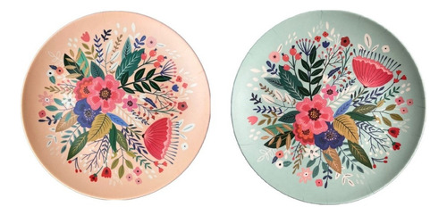 Set De 4 Platos De Postre Grandes Y Hermosos - Melamina 20cm Color Flores: 2 Rosa, 2 Menta