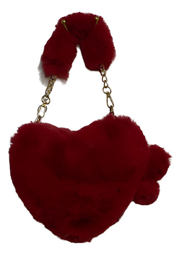 Bolsa Bandolera Afelpada Con Forma De Corazón Con Cadena Bordó Dorado