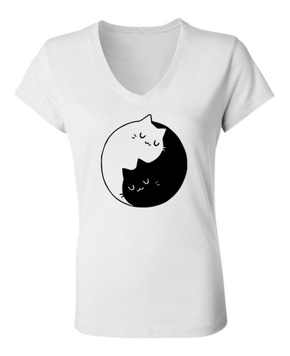 Remera Yinyang Gatos Cute Mujer Escote V - Spun