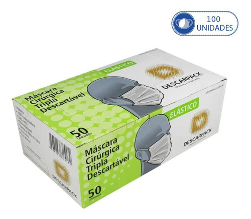 100 Máscaras Descartáveis Descarpack Branca Com Clipe Nasal