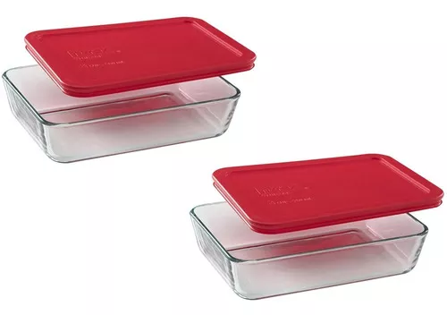 Recipientes de vidrio, Pyrex, con tapa para almacenamiento de alimentos,  cubierta roja