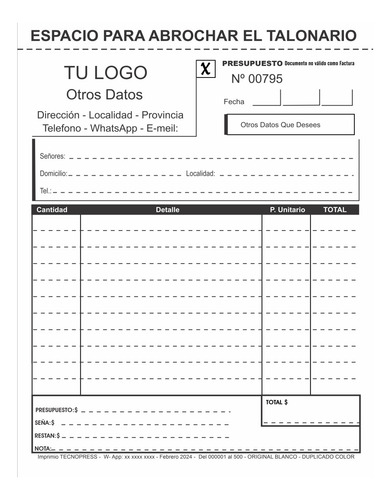 Talonario De Presupuesto Personalizado 17x22