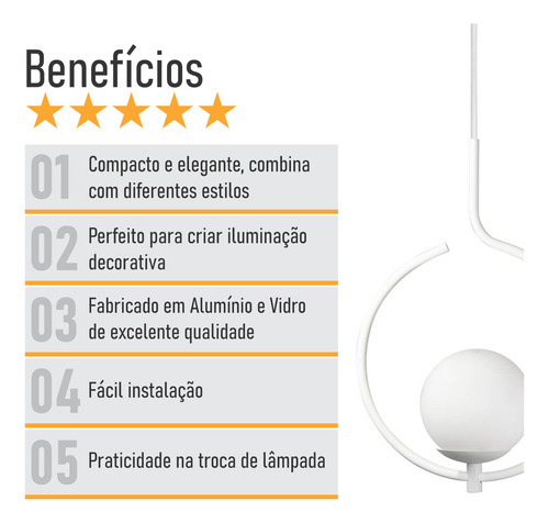 Pendente Lustre On Loop Branco Com Globo De Vidro Branco