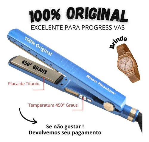 Prancha Alisadora Nano Titanium + Relogio De Pulso 450°g Cor Azul