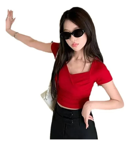 Camiseta De Algodón Con Cuello En V Y Manga Corta Para Mujer