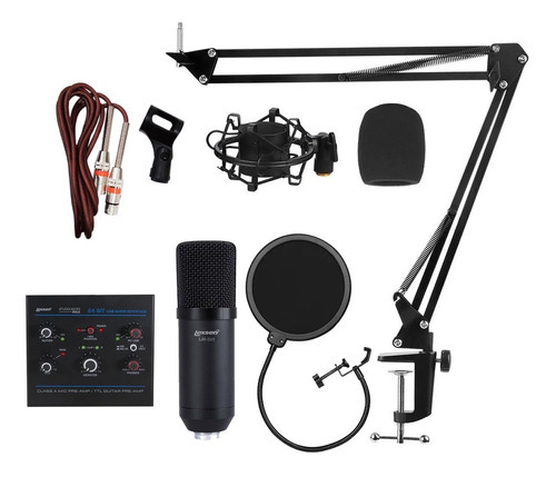 Kit Microfone Condensador Lm-260 Profissional + Interface Cor Preto